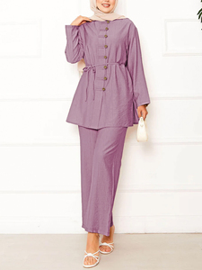 Alla rinfusa modeste da donna eleganti abiti musulmani medio-orientali Dubai due pezzi completo camicia a maniche lunghe a maniche lunghe camicetta pantaloni da donna - Product Image 4