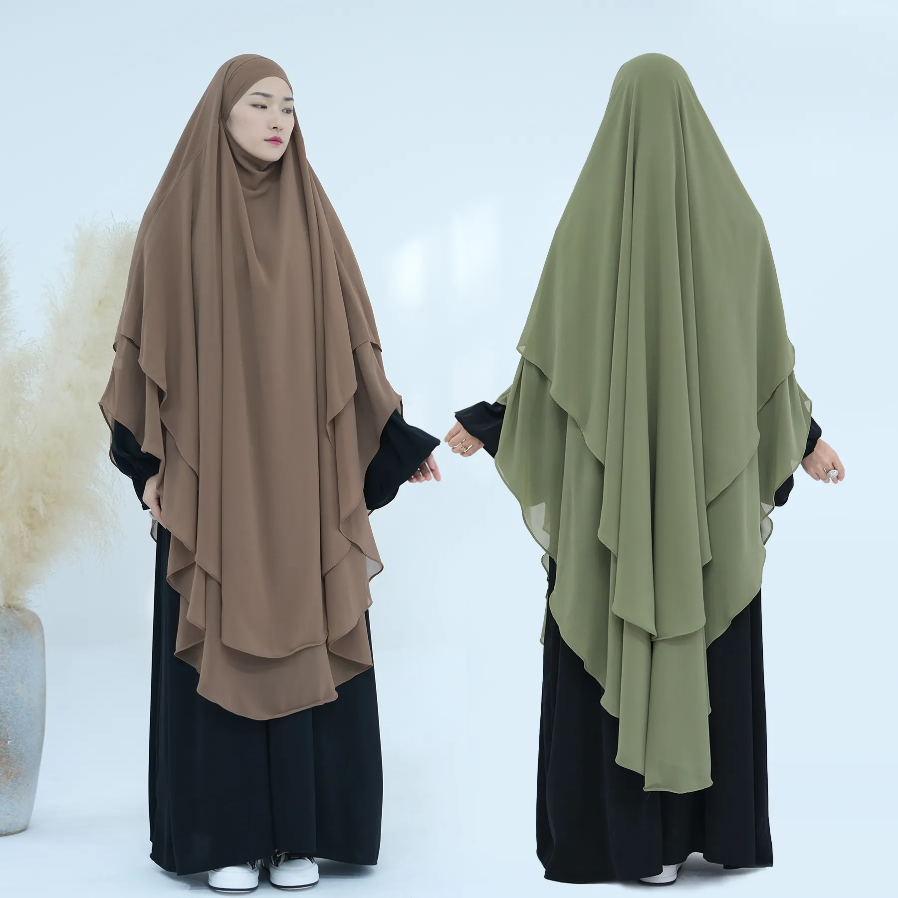 2023 Nieuwe Kalkoen Overhead Stropdas Terug Effen Gebed Sjaal Moslim Vrouwen Hijab Jurk 2 Lagen Lange Niqab Chiffon Khimar