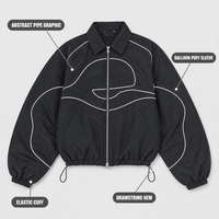 Veste coupe-vent en nylon courte à cordon de serrage et manches ballon noires avec motif abstrait personnalisé pour homme, style streetwear Y2K oversize