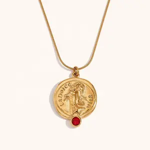 Dingran 2024 Fashion Jewelry Necklace For Women Vintage La Dolce Vita Red Zircon Coin Pendant Necklaces