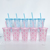 Gobelet à paille rose à nœud, design moderne et écologique, grande capacité 710 ml, en PP transparent, vente en gros – Nouveauté très prisée