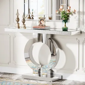 Tribesigns 41 Inch Modern O-Shaped Base Contemporary Accent Table Silver Mirrored Sparkly Crushed Diamond Sofa Console Table