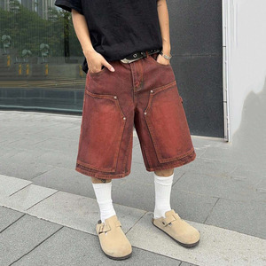 <span class=keywords><strong>Bermuda</strong></span> Baggy Homme en Denim Rouge Rétro Lavé, 100% Coton Peigné de Haute Qualité, Respirant, Brodé, Taille Haute, Braguette Zippée - Product Image 1