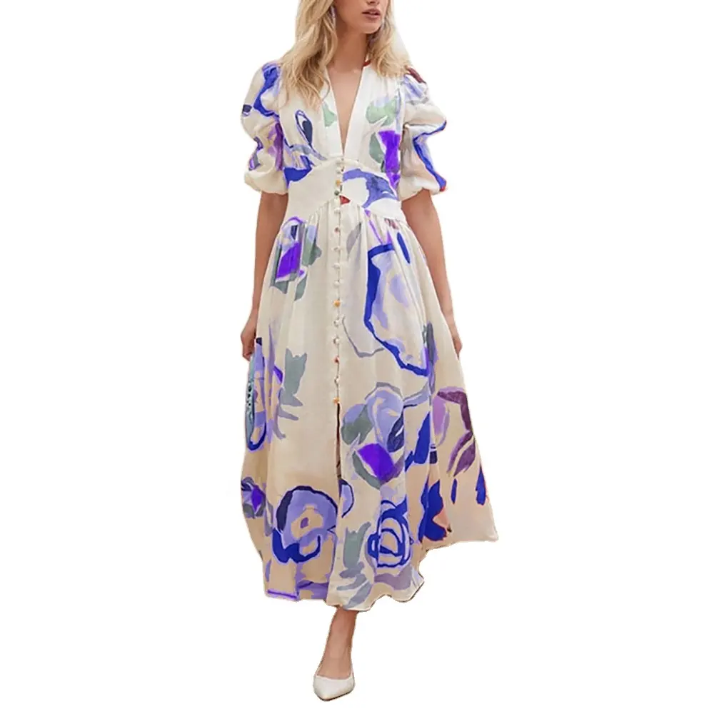 Hot Sale 2022 Trendy Hawaiian Floral Print Short Sleeves V-Neck Polyester Beach Wear Dress For Girls Women