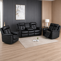 Ensemble de canapés inclinables modernes en cuir PU noir capitonné avec structure en bois, configuration 3+2+1, table basse escamotable et porte-gobelets