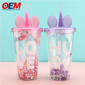 Taza de doble pared de PP personalizada con pajita OEM 450mL taza de plástico hecha de alta calidad taza de agua de oso lindo - Product Image 3