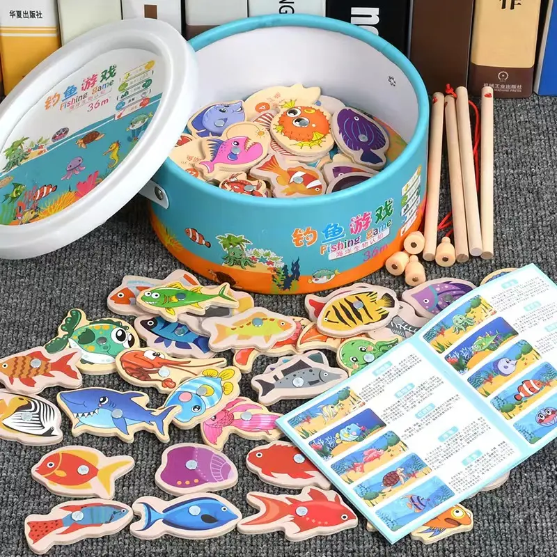 Brinquedos de pesca para meninos e meninas, jogos de pesca magnéticos de madeira, brinquedos educativos montessori para crianças