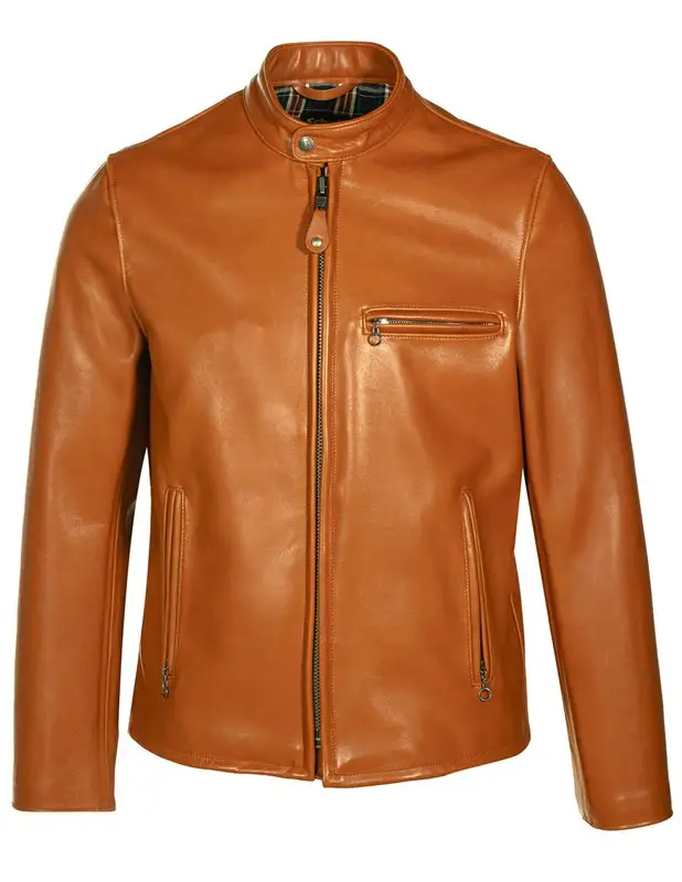 Slim Fit Cafe Racer Men's Brown Leather Jacket With Front Top Quality Zipper Wholesale Price
