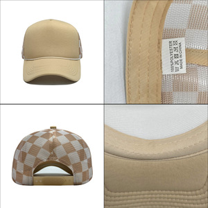 Casquette Trucker en Maille à Carreaux Beige, 5 Panneaux, Réglable, Unisexe, Visière en Mousse, Style Décontracté pour l'Extérieur - Product Image 3