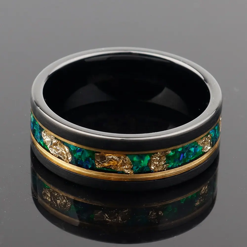 Poya anel de tungstênio masculino, anel de esmeralda preto e verde, com folha de ouro malachite, para casamento