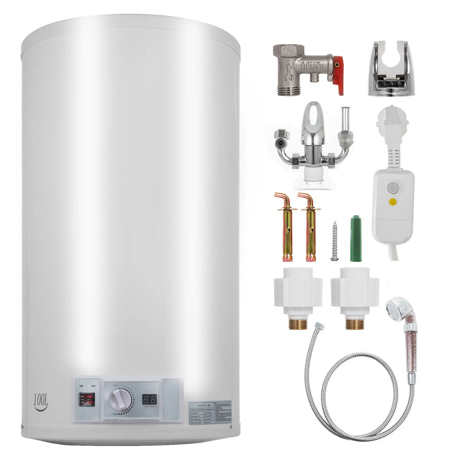 Calentador de agua caliente eléctrico de 100L, calentador de tanque de almacenamiento de Caldera, seguro con cabezal de ducha para Baño