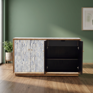 Luxury Handmade Eco-Friendly Bone Inlay <b>Console</b> Cabinet with Blue White Stripe Pattern and <b>Black</b> Interior Storage Design - Product Image 1