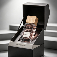 Flacon de parfum de luxe en verre épais transparent rectangulaire avec bouchon en bois noir à grain fin, flacon de parfum pour homme avec boîte