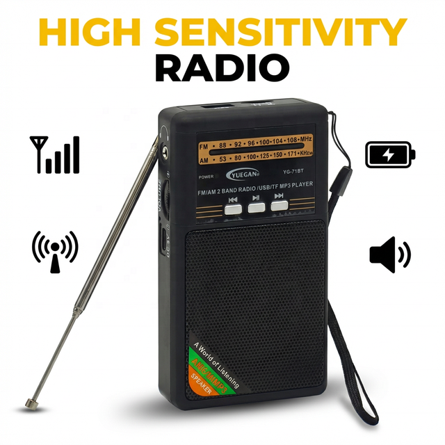 For YG-71BT Portable AM/FM Radio Built-in Speaker Wireless Audio USB/TF MP3 Player High Sensitivity Plastic Battery Operated