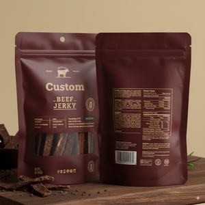 Bolsa de pie roja negra impresa personalizada 150g 250g 500g <span class=keywords><strong>Doypack</strong></span> Ziplock <span class=keywords><strong>bolsas</strong></span> de plástico con materiales reciclados para carne de cerdo carne seca - Product Image 4