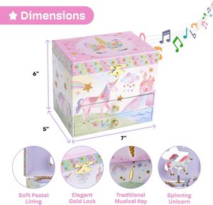 Scatola Portagioie Musicale Incantevole a Forma di Unicorno per Ragazze, Design Arcobaleno Scintillante, 2 Cassetti Estraibili, Finitura Lucida - Product Image 2