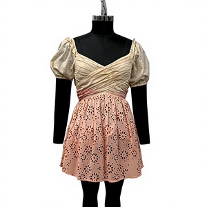 Sweet Chiffon Mini <b>Dress</b> With Puff Sleeve Criss Cross Neck Hollow Out A-Line Flared Hem Summer Casual <b>Dress</b> - Product Image 1