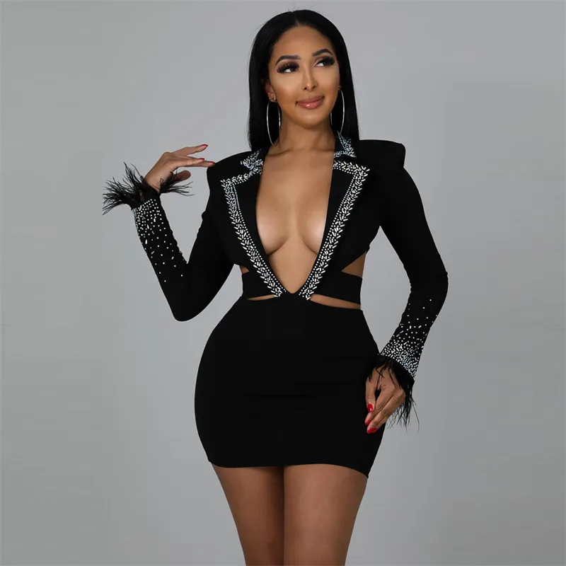 Rhinestone Diamonds Feather Mini Club Party Dress Women Sexy V Neck Long Sleeve Hollow Out Birthday Outfits