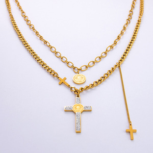 <b>Cross</b> Pendant Necklace Stainless Steel Double Layer <b>Chain</b> Zircon Inlay Heart Center Gift Jewelry - Product Image 5