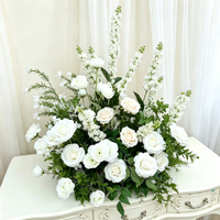 Arrangement floral artificiel de roses blanches et de delphiniums, centre de table de mariage, décoration florale pour toile de fond de scène
