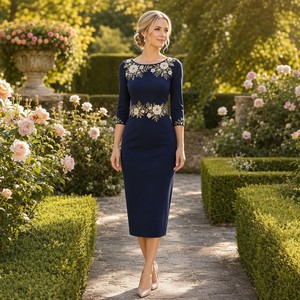 <span class=keywords><strong>Vestido</strong></span> Largo Formal de Mujer Jinyuan, <span class=keywords><strong>Azul</strong></span> <span class=keywords><strong>Marino</strong></span>, Cuello Redondo, Corte Trompeta/Sirena, con Manga 3/4, Tejido Antirarrugas, Suministro ODM - Product Image 4