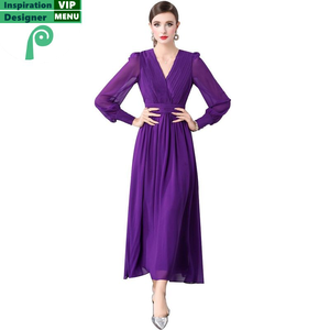 Robe longue élégante pour femme, prête à être expédiée, jupe plissée violette tendance, manches longues, col en V, pour les soirées. - Product Image 6