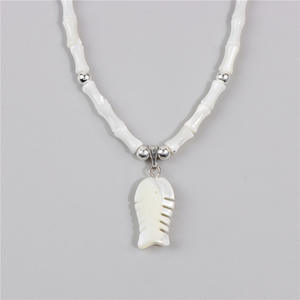 قلادة أم اللؤلؤ ، قلادة الصيف من لؤلؤ الخيزران ، حبة عظم السمك - Product Image 4