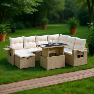 Modular Beige PE Rattan Garden <b>Sofa</b> <b>Set</b> With Cushions Outdoor Furniture Contemporary Design - Product Image 2