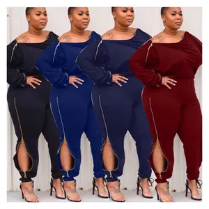 Plus Size L-4XL 2021 Sommer Frauen Overalls O-Ausschnitt Full Sleeve Reiß verschluss Bodycon Sexy Nachtclub Stram pler Einteilige Outfits