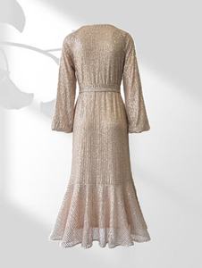 Vestido Abaya Brillante con Cuello Redondo, Mangas Largas, Forro y Largo hasta el Suelo para Bodas/Fiestas - Product Image 4