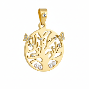 Ciondolo Albero della Vita in Stile Religioso, Charm in Acciaio Placcato Oro con Diamanti, Perle, Cristalli e Farfalle Floreali - Product Image 2
