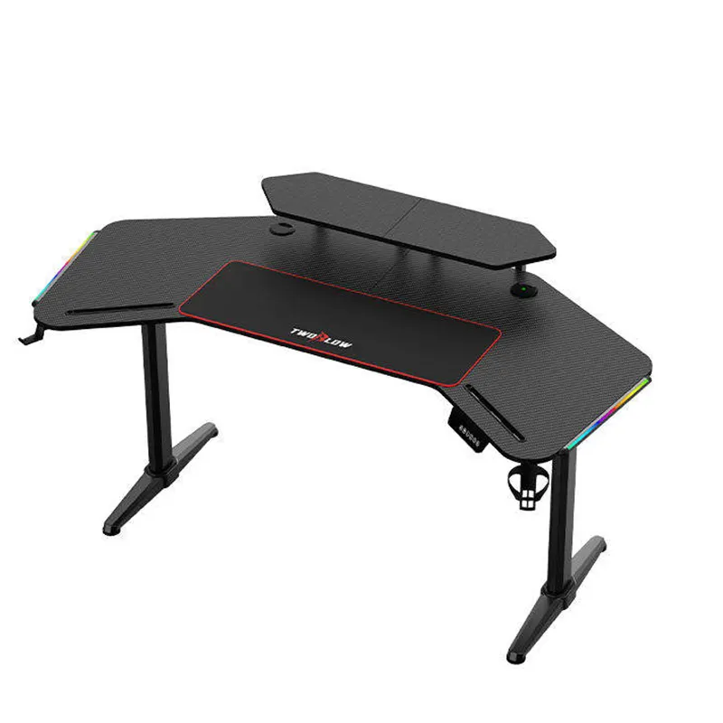 Multi-functional RGB LED Manual Hand Lift Adjustable Desk with Cup Holder and Headphone Hook