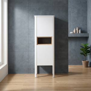 Armoire de rangement minimaliste étroite blanche autoportante pour salle de bain et cuisine, portes à fermeture douce, résistante à l'eau, en bois écologique - Product Image 3