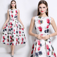 Robes midi haut de gamme à col rond, sans manches, imprimées, coupe ajustée, élégantes, style A-line, pour femme, idéales pour le bureau, collection été 2026