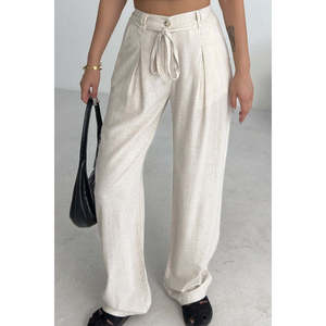 Pantalon large en lin taille haute couleur naturelle respirant décontracté pour femme - Product Image 6