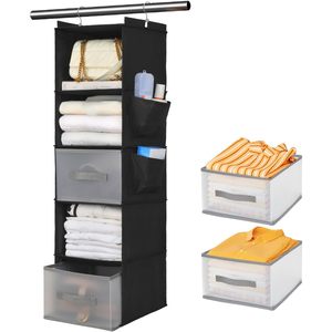 5-Layer Hanging Closet Organizer With 2 Drawers Foldable Storage For Bedroom Clothes Neatening 11.8x11.8x39.4 Inches - Product Image 1