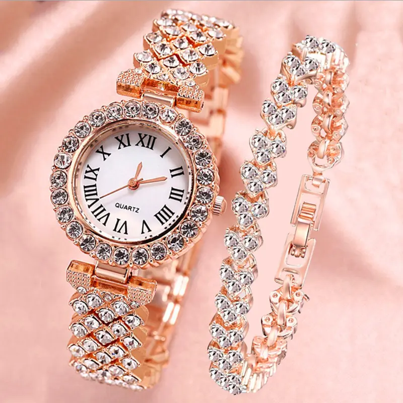 2pcs Set Women Ladies Diamond Iced Out Quartz Wrist Watch Rose Gold Full Diamond Bracelet Watches Gift Sets