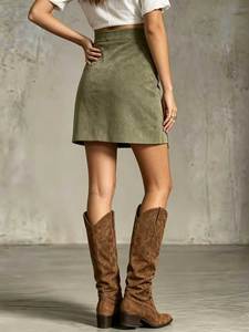 Mini-jupe en faux daim vert olive pour femme, jupe courte à franges irrégulière à taille haute - Product Image 3