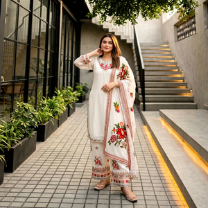 Ensemble Salwar Kameez pour femme en coton blanc brodé de fleurs trois quarts, pantalon palazzo long, châle, style de fête, tenue pakistanaise - Product Image 1