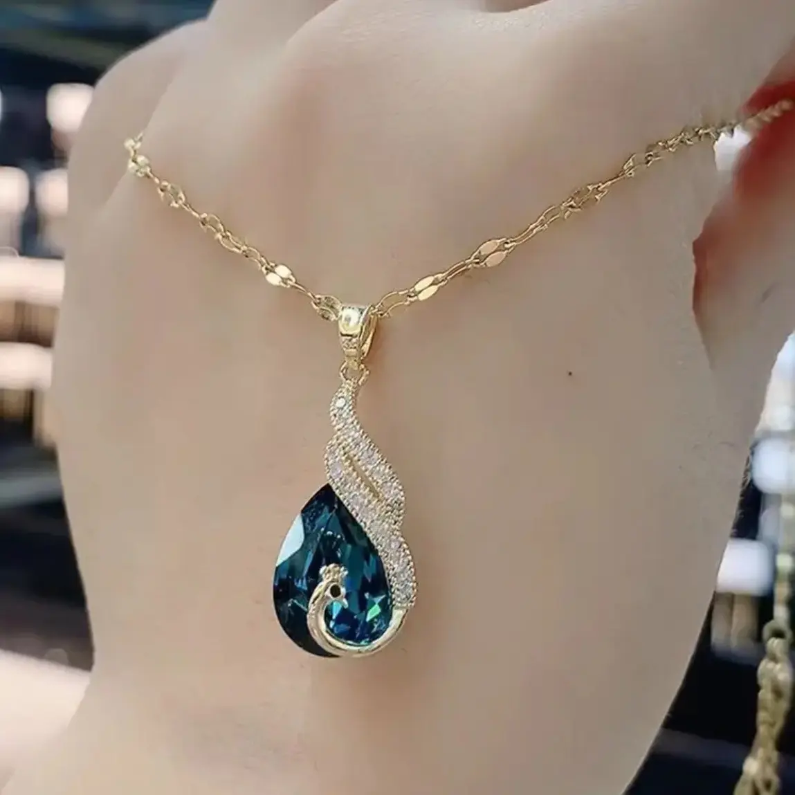 Perhiasan Fashion kalung perhiasan Bohemian Boho berlapis emas anting menjuntai panjang kristal kaca biru segi