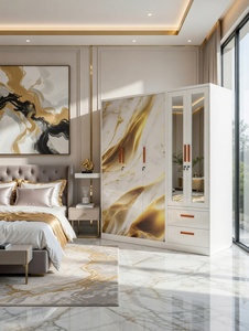 Armario Metálico de Alta Gama con Efecto Mármol y Vetas Doradas, 5 Puertas, Espejo Abatible, <span class=keywords><strong>Mueble</strong></span> de Almacenamiento para Dormitorio - Product Image 2