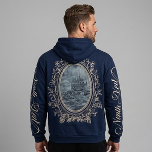 Felpa con Cappuccio Oversize Invernale Jakis Christ 'The Ninth Veil' con Stampa Scritta e Cerniera, Foderata, Stile Gotico Streetwear Blu Navy - Product Image 5
