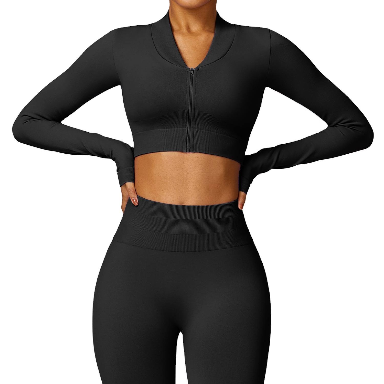 long sleeve crop zip up gym crop top