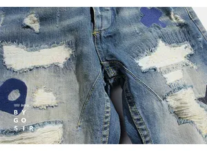Oem jeans de fábrica para homens, furos skinny, bordado, stretch, vintage, azul, rags de carga