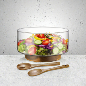 Bol à salade en verre avec base en bois, passe au lave-vaisselle, idéal pour les fêtes, design minimaliste - Product Image 3