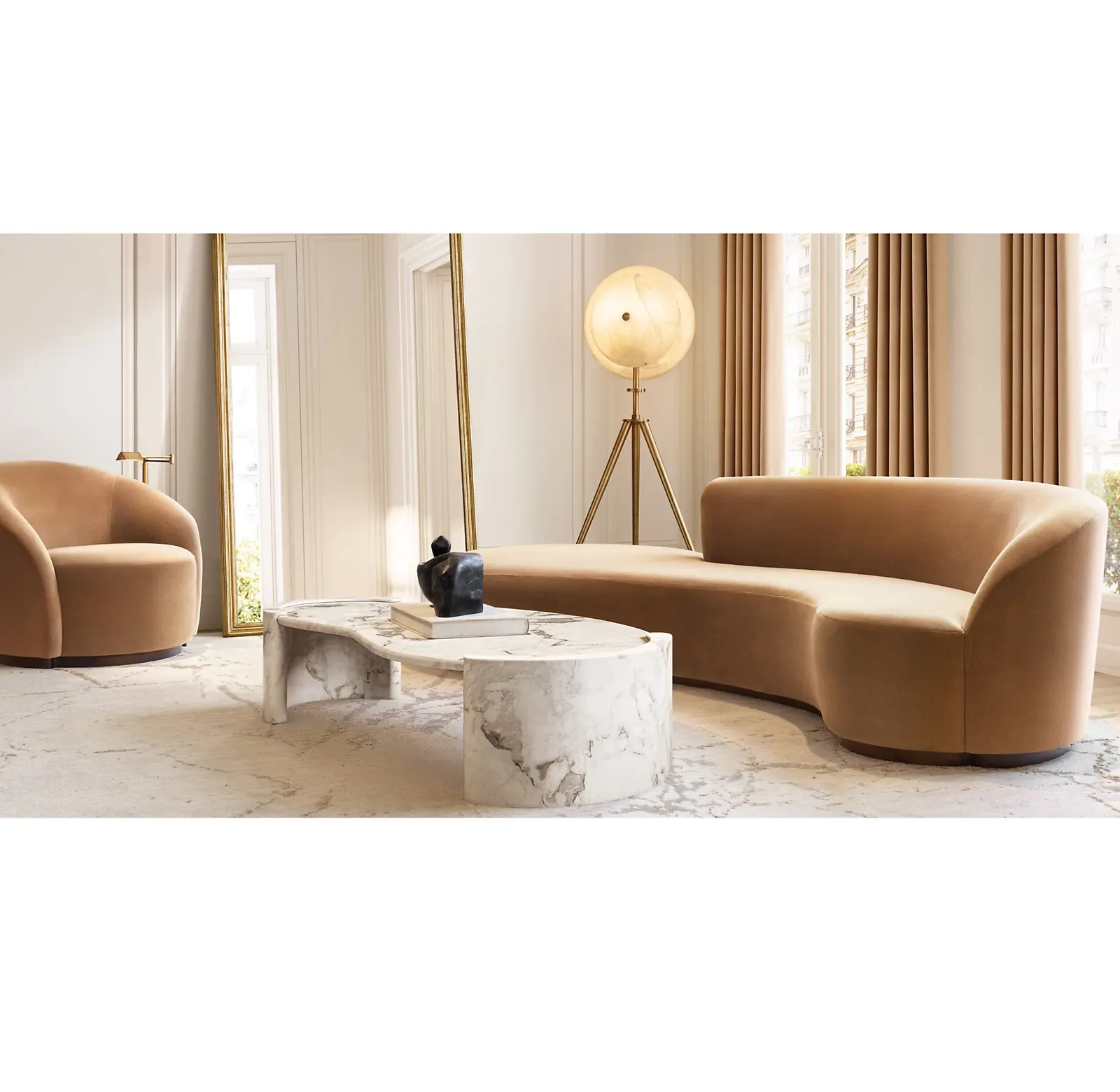 Innendesign-Luxussofa Wohnzimmer gepolsterte Silhouette Holzsockel Boden langer Wohnzimmer-Sofas