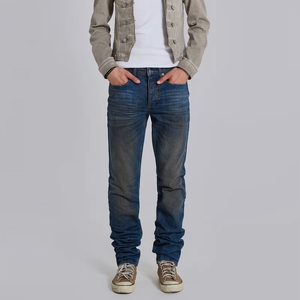 Jean en denim délavé et vieilli coupe slim droite pour homme, taille mi-haute, 100 % coton, style décontracté, pantalon pour l'automne - Product Image 2
