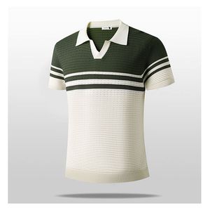 Men's Striped Color Block Knit Polo <strong>Shirt</strong> Short Sleeve V-Neck Breathable Pointelle Casual Summer Top - Product Image 4