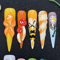 Faux ongles portables design ballerine, faits main, fleurs 3D sculptées, peints à la main, en gel, à presser pour le nail art
