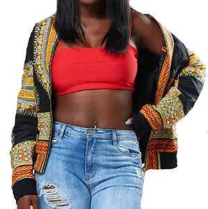 도매 가을 여성 민족 의류 아프리카 대시키 인쇄 스탠드 칼라 폭격기 재킷